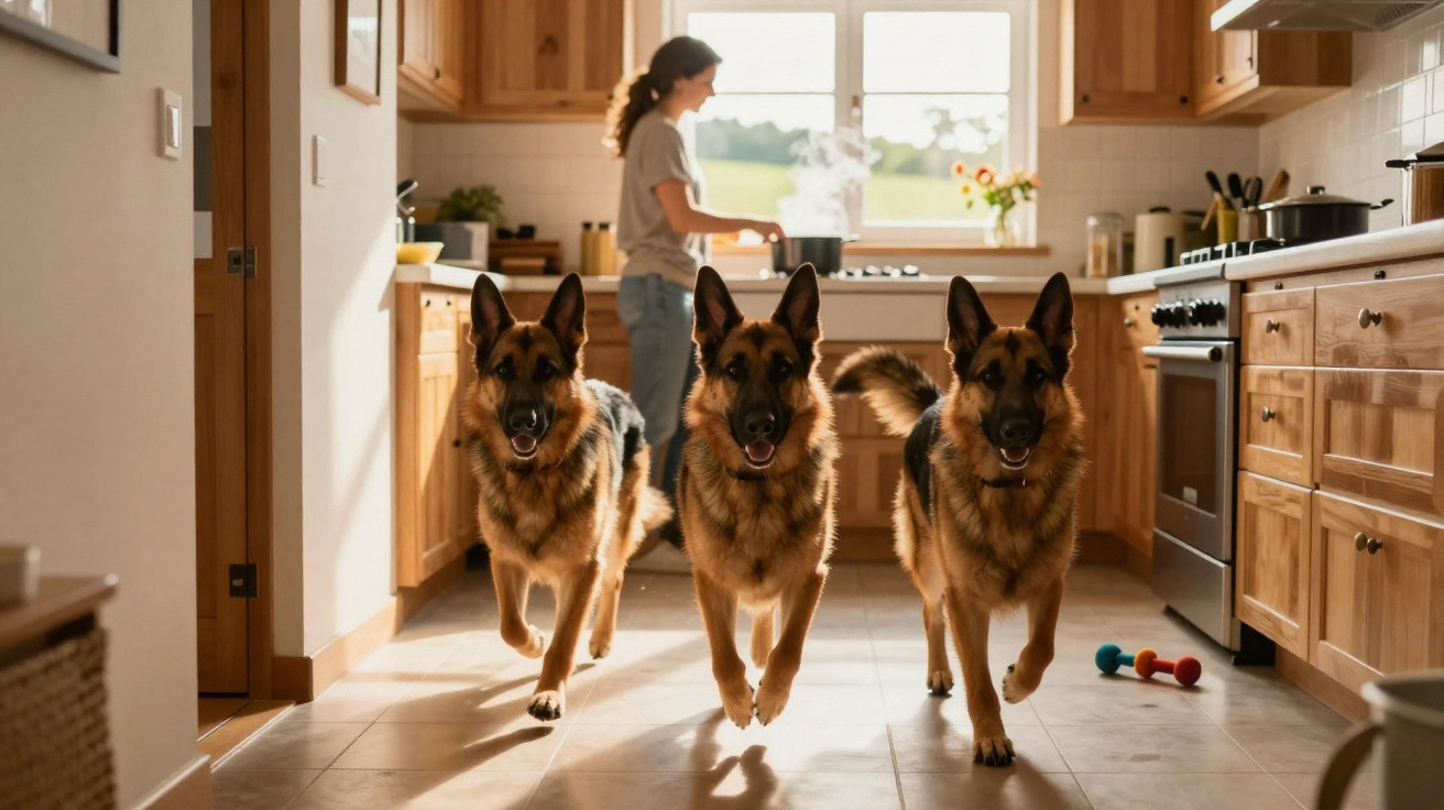 Três cães pastor-alemão a correr em direção à câmara numa cozinha de madeira com uma mulher ao fundo.