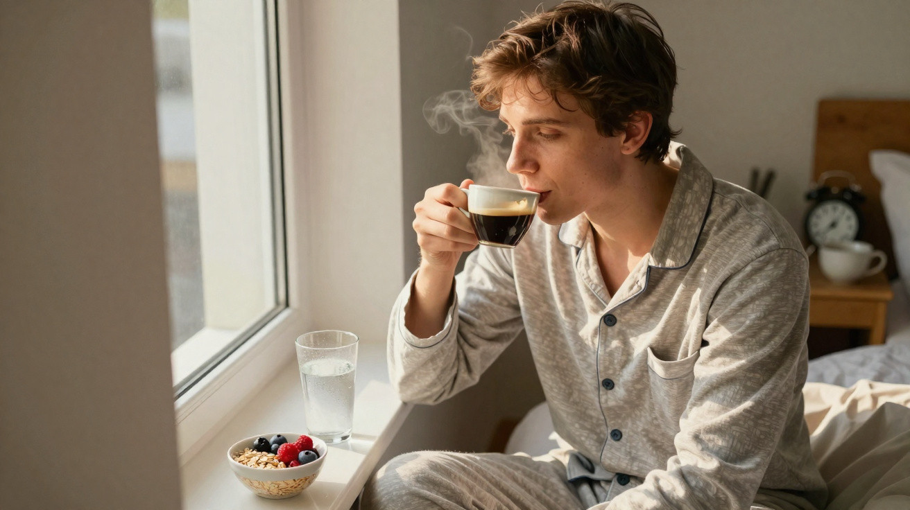 Jovem sentado junto à janela a beber café, com taça de frutos vermelhos e copo de água ao lado.