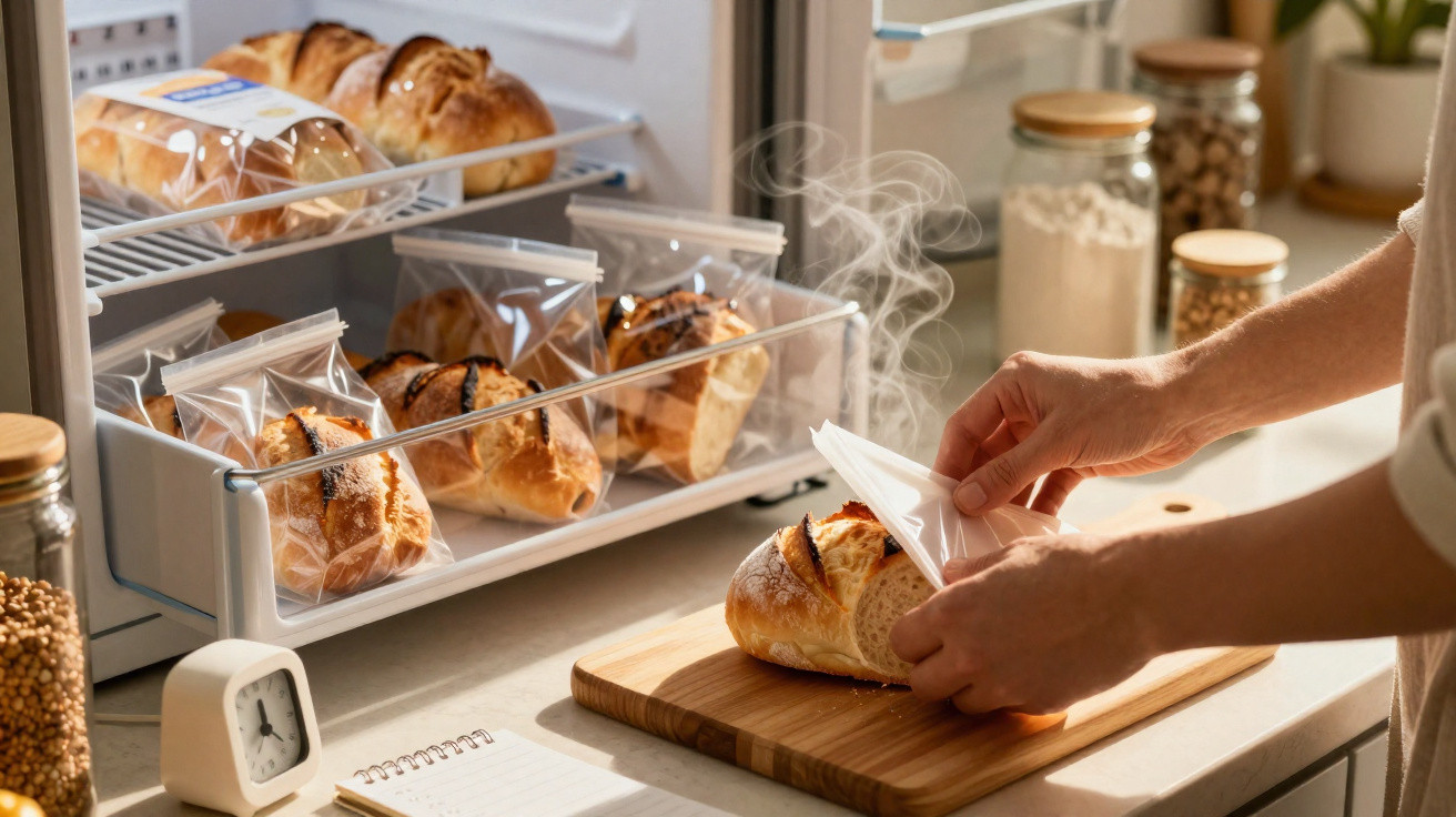 Mãos guardam pão acabado de fazer e quente em saco plástico num ambiente de cozinha com pães embalados ao fundo.