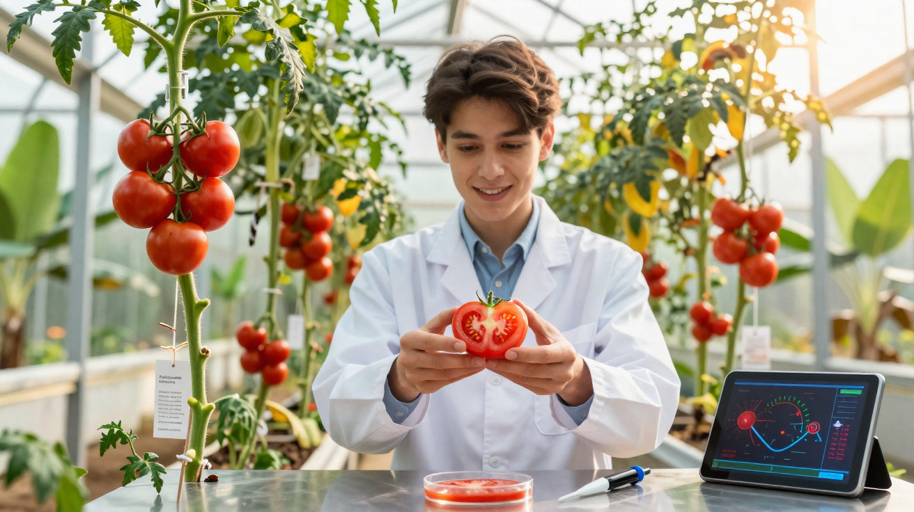 Jovem cientista com bata branca analisa tomate cortado ao meio numa estufa de cultivo controlado.