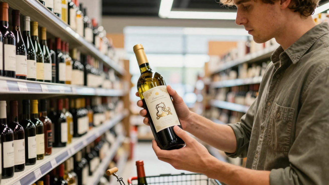 Homem a segurar e examinar garrafa de vinho branco num supermercado com prateleiras cheias de vinhos.