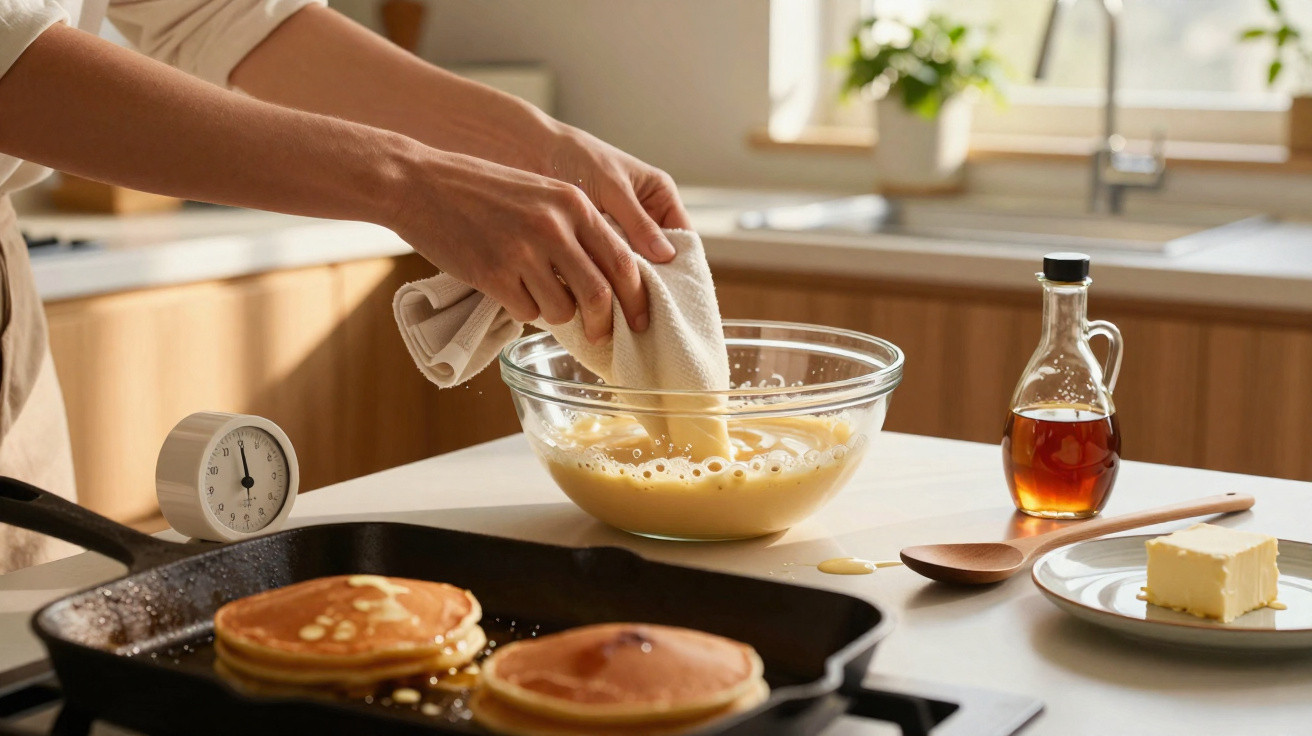 Mãos a preparar massa para panquecas numa tigela, com panquecas a cozinhar na frigideira e ingredientes na bancada.