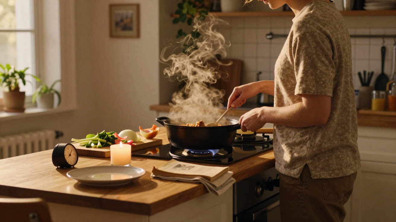 Pessoa a cozinhar numa cozinha acolhedora com legumes, vela acesa e vapor a sair da panela.