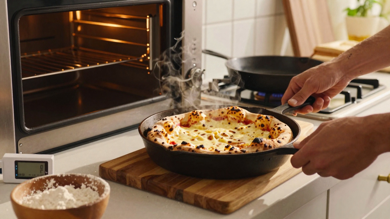 Pessoa a retirar pizza fumegante num tabuleiro de ferro do forno numa cozinha moderna.