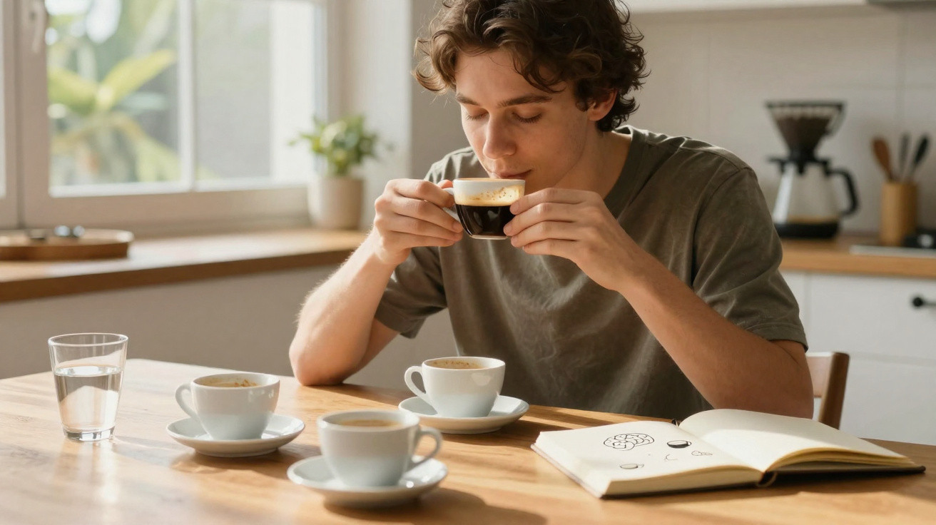 Jovem sentado à mesa a beber café, com três chávenas e um caderno aberto à sua frente.