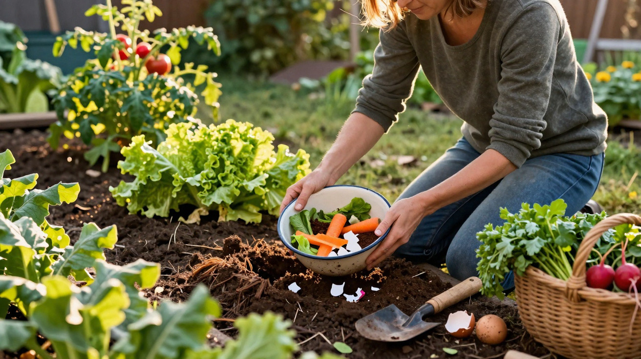 Pessoa a jardinagem com legumes e resíduos orgânicos num jardim com vegetais frescos ao redor.