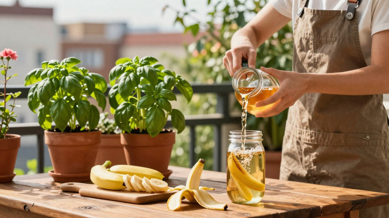 Pessoa a verter chá numa jarra de vidro com rodelas de banana junto a vasos com manjericão num terraço.