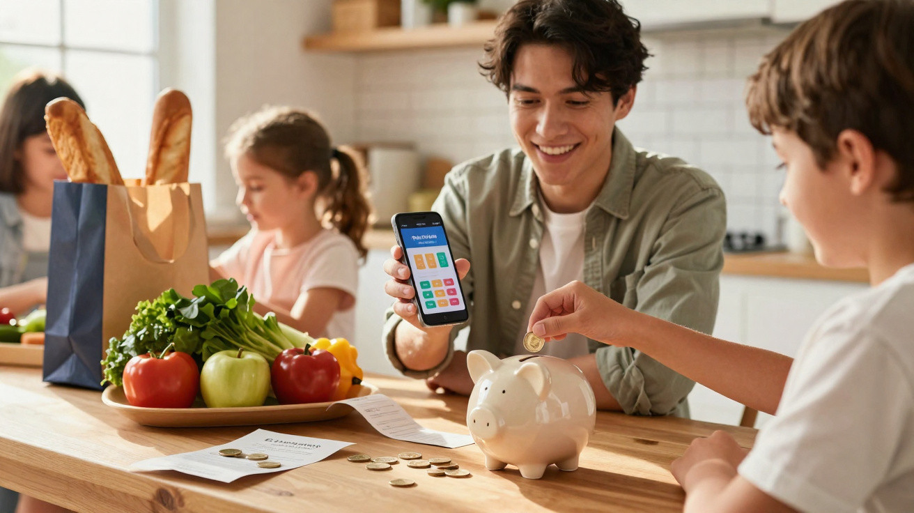 Homem jovem mostra app de finanças enquanto criança coloca moeda num mealheiro em cozinha com legumes na mesa.