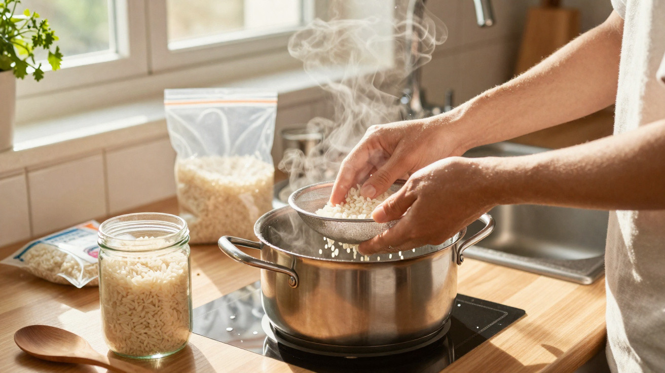 Pessoa a coar arroz sobre panela a ferver numa cozinha com luz natural pela janela.