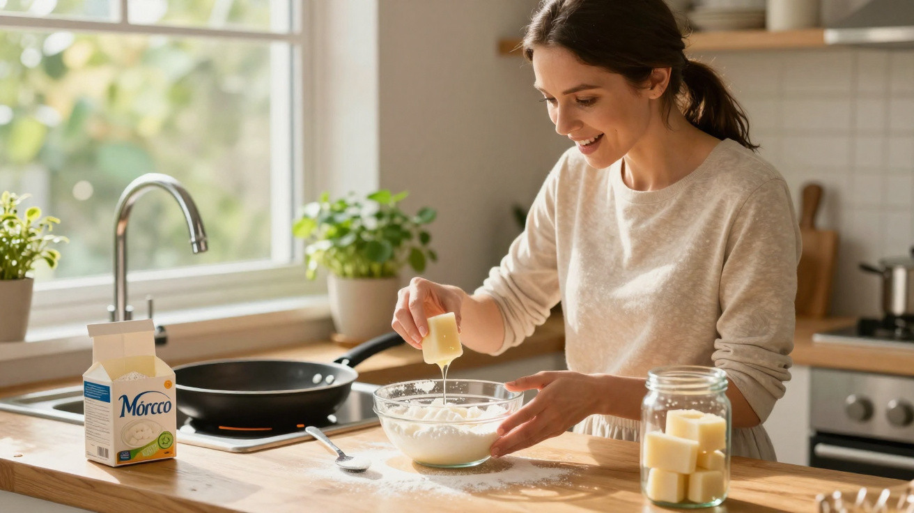 Mulher a preparar massa na cozinha, a partir um cubo de manteiga sobre farinha numa taça de vidro.