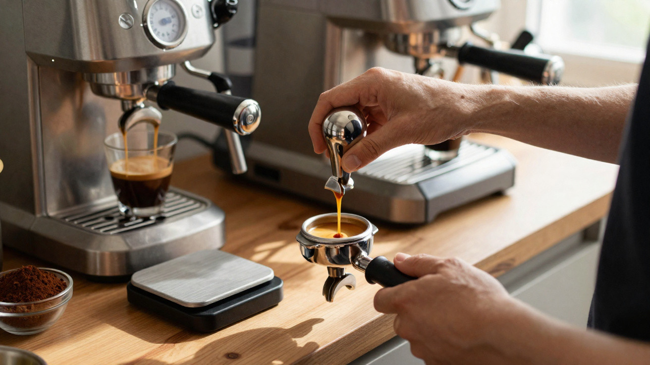Pessoa a preparar café expresso numa máquina, com café a ser tampado num portafiltro.