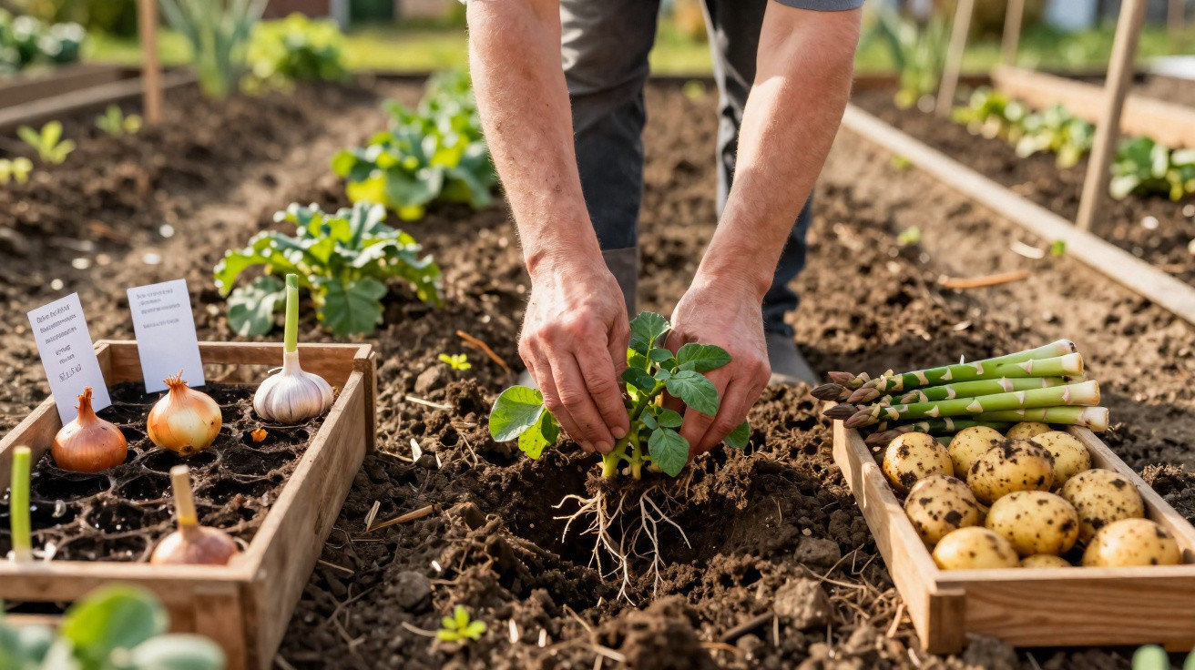 Pessoa a plantar uma muda de batata num canteiro com legumes e ervas em caixas de madeira.