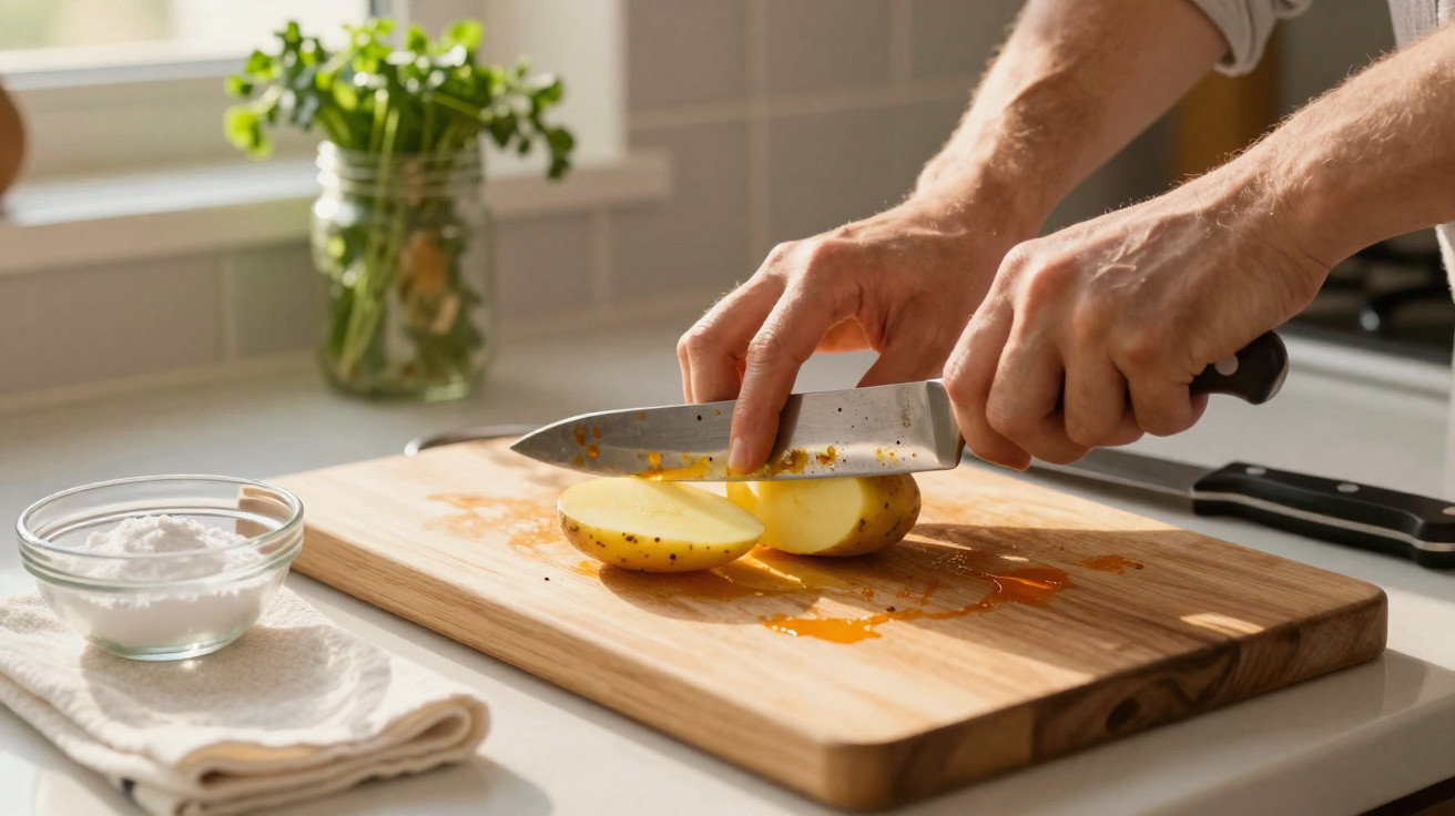 Mãos a cortar batata amarela ao meio numa tábua de madeira, com um frasco de tempero ao lado.