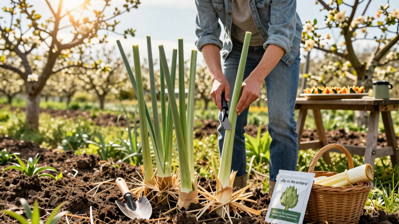 Pessoa a cortar plantas de alcaçuz no jardim com ferramenta de poda, com cesto e mesa ao fundo.