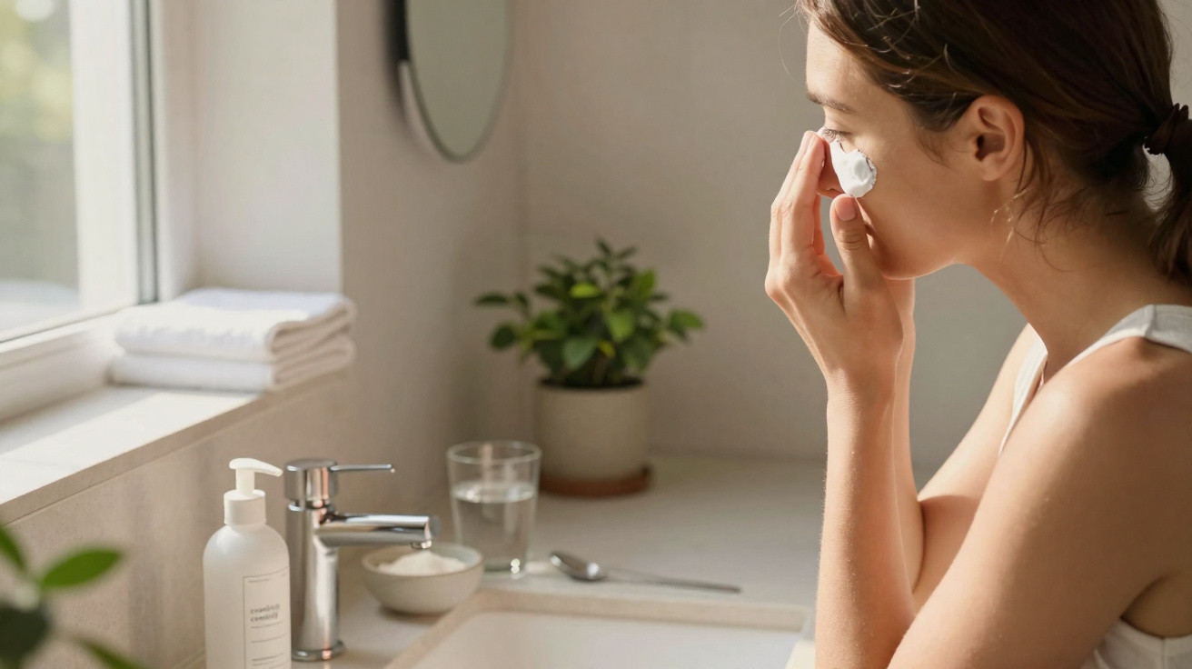 Mulher a aplicar creme facial no rosto numa casa de banho bem iluminada com plantas e toalhas.