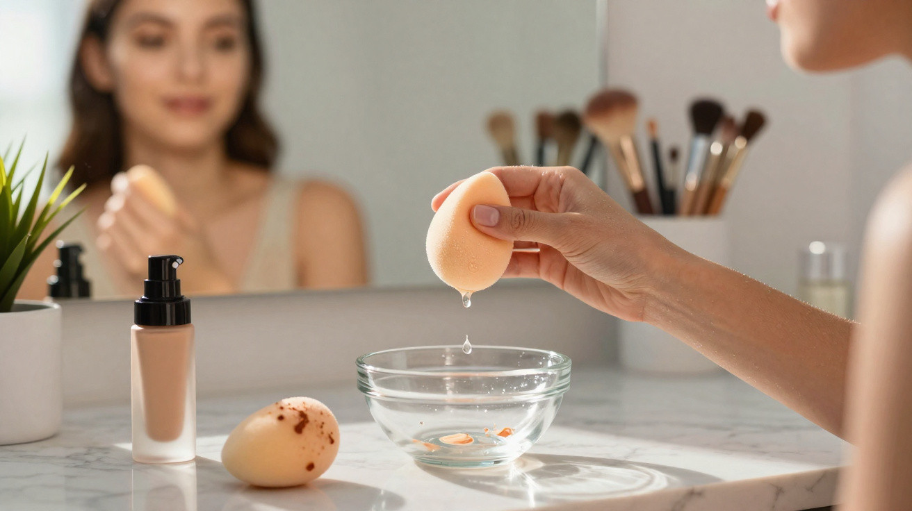 Pessoa espremendo uma esponja de maquiagem sobre uma taça de vidro com produtos de beleza ao lado.