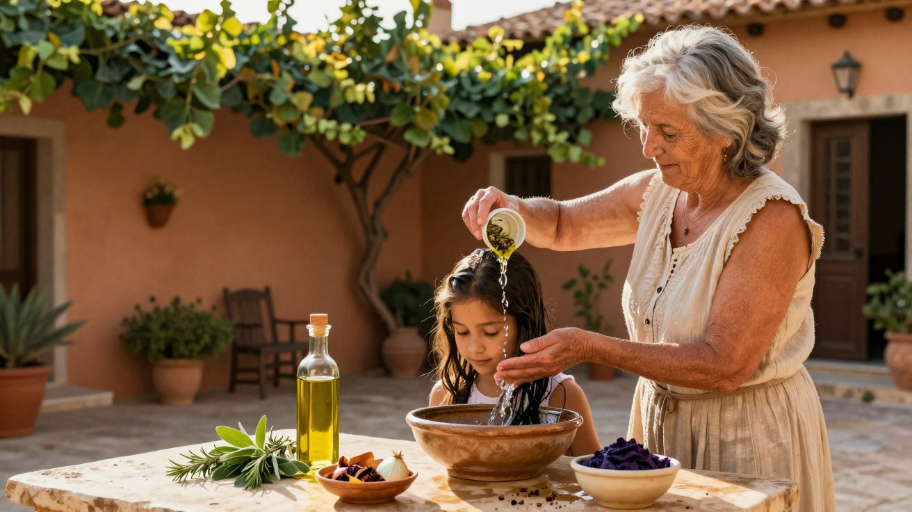 Senhora idosa a lavar o cabelo de menina numa bacia ao ar livre, com plantas e ingredientes naturais numa mesa.
