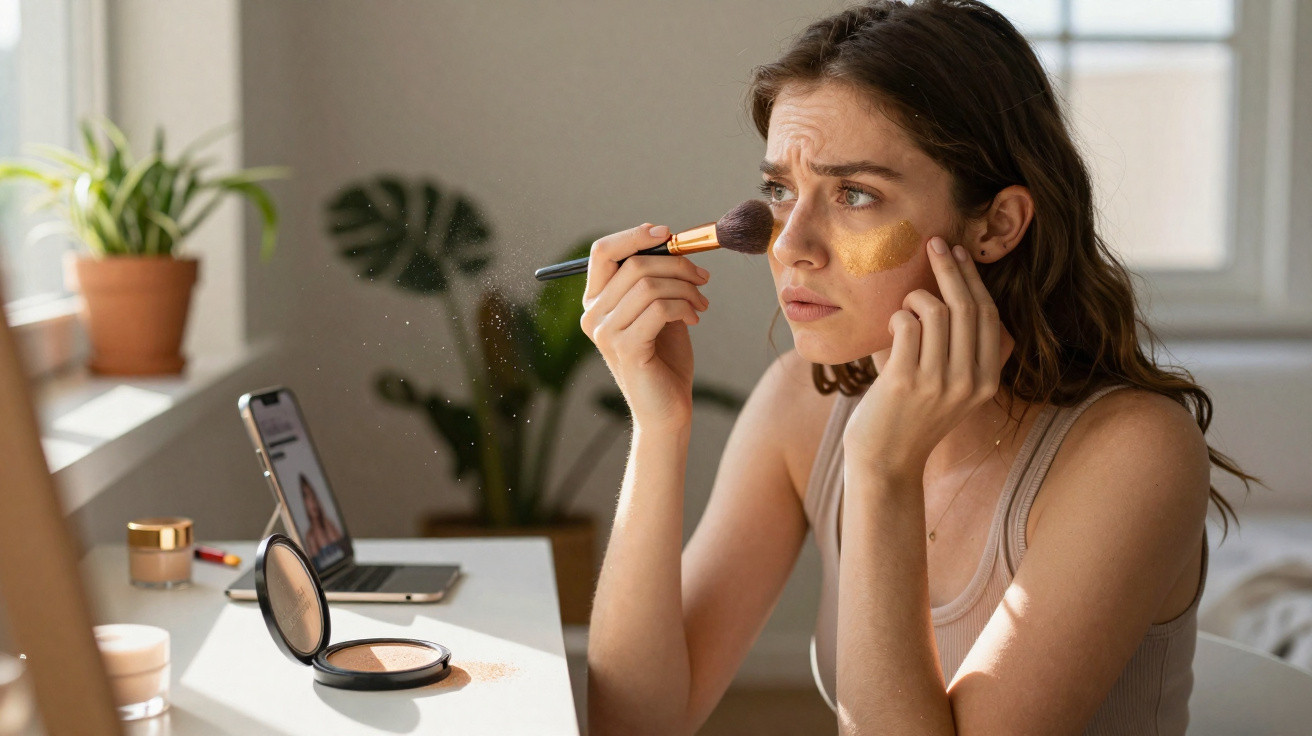 Mulher a aplicar maquilhagem no rosto com pincel enquanto segue tutorial no telemóvel.
