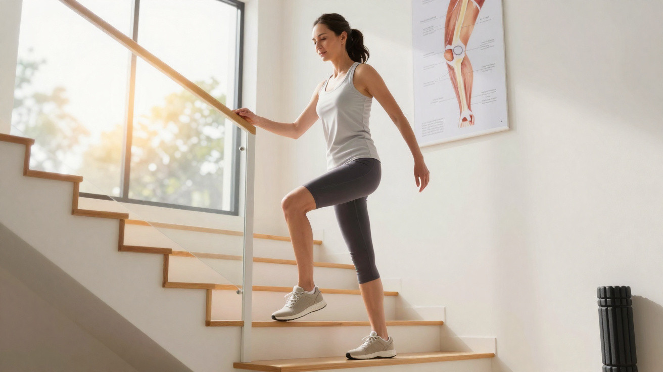 Mulher a fazer exercício subindo escadas interiores num ambiente luminoso e tranquilo.