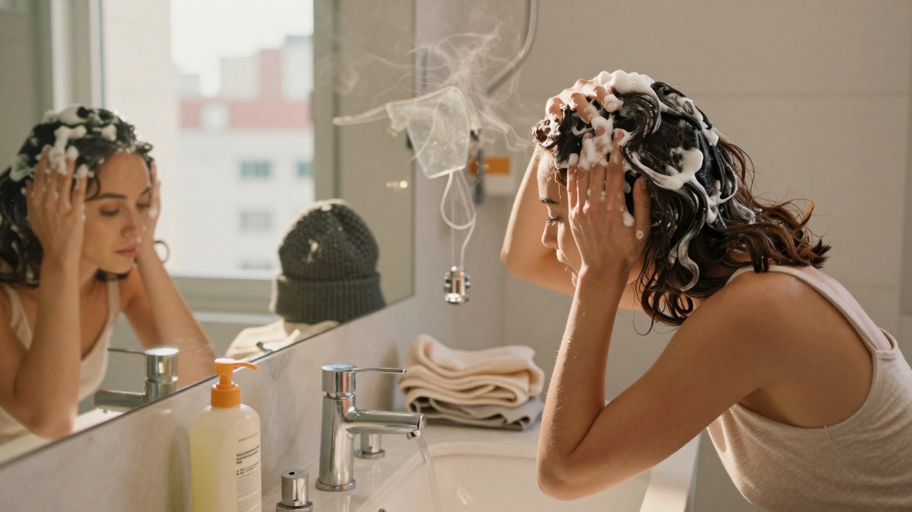 Mulher a lavar o cabelo com espuma no lavatório de casa, refletida no espelho do banheiro.