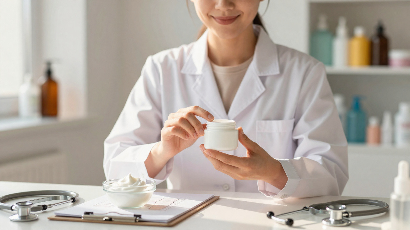 Profissional de saúde a abrir frasco de creme num consultório com estetoscópios e amostras.