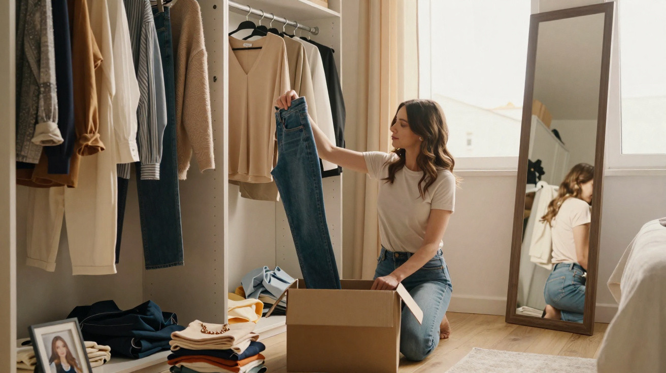 Mulher arruma roupas num quarto, segurando umas calças jeans, com espelho grande e caixa na sua frente.