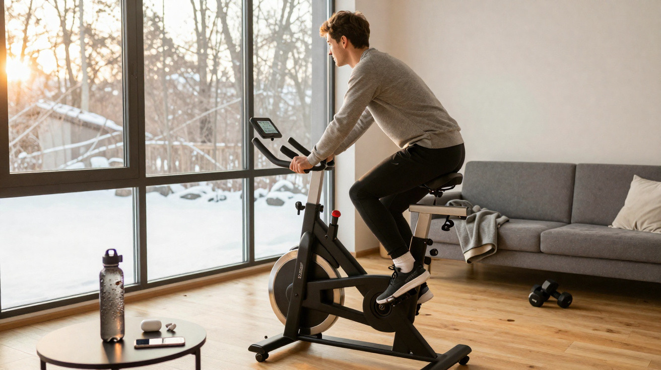 Homem a pedalar numa bicicleta estática junto a uma janela com vista para a neve ao pôr do sol.