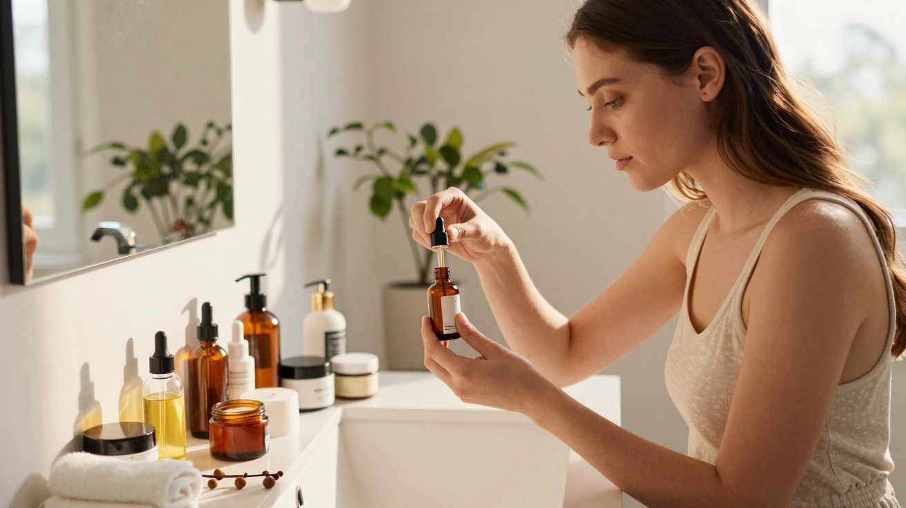 Mulher a aplicar sérum num frasco no banheiro com vários frascos de produtos de cuidados da pele.