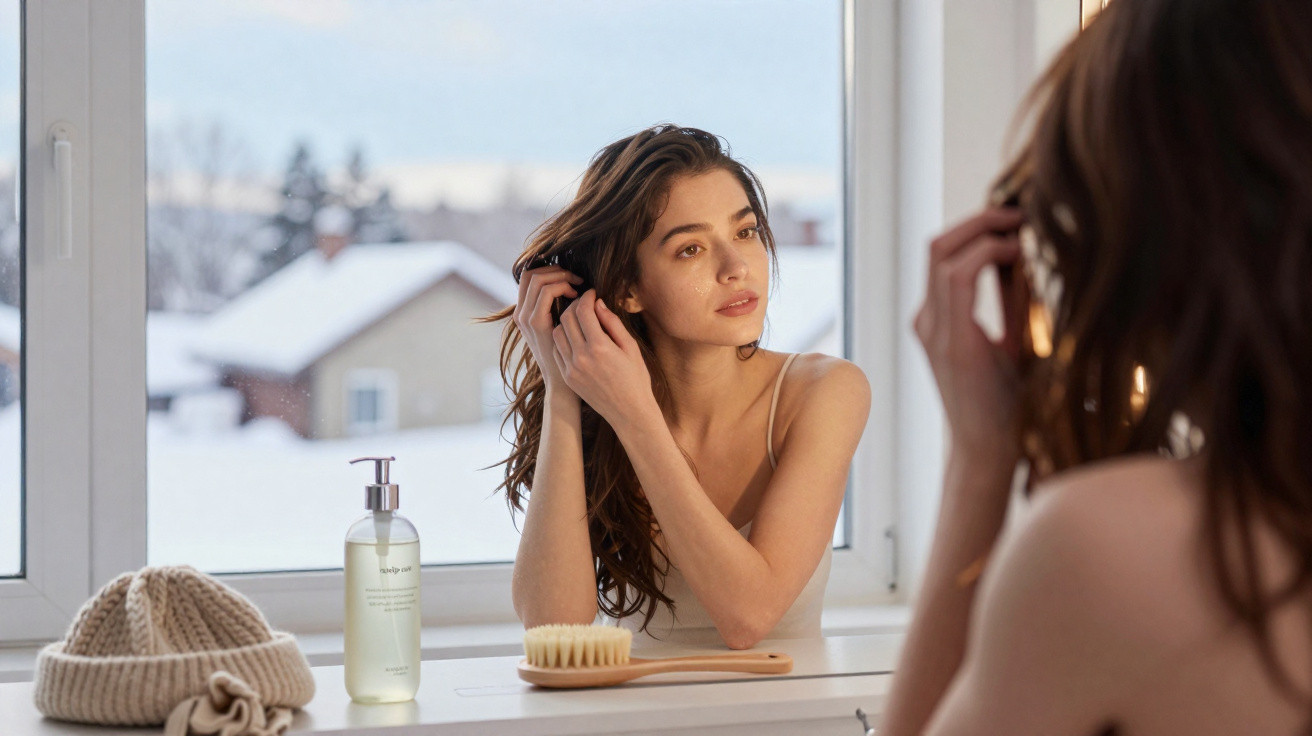 Mulher com vestido claro penteia o cabelo à frente de uma janela com vista para neve e casas.