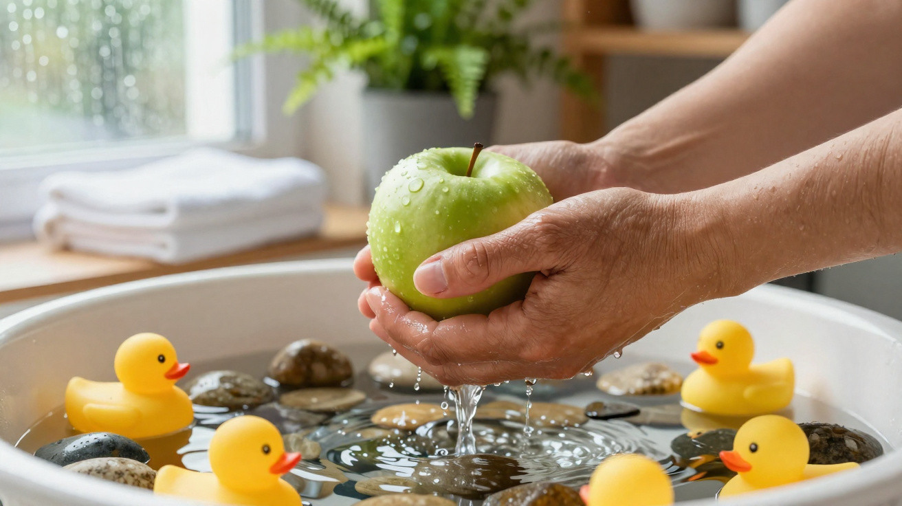 Mãos a lavar uma maçã verde sobre uma bacia com água, pedras e patos de borracha amarelos.