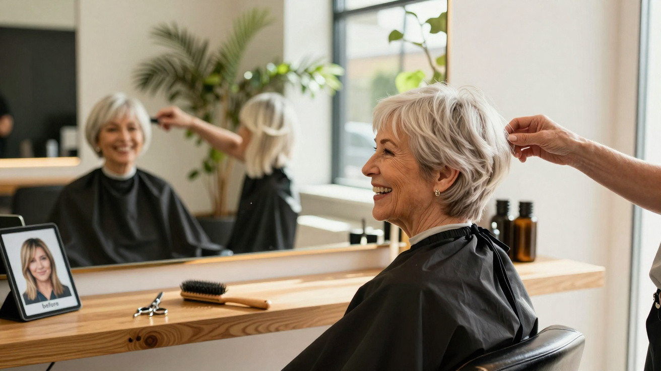 Mulher sénior sorridente a receber corte de cabelo num salão de beleza moderno e iluminado.
