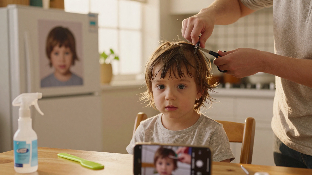 Criança sentada para cortar o cabelo em casa, enquanto é filmada em telemóvel à frente.