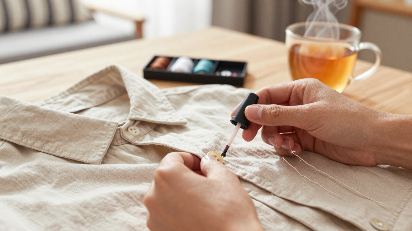 Pessoa a pintar um botão bege numa camisa clara, com chá quente ao fundo sobre mesa de madeira.