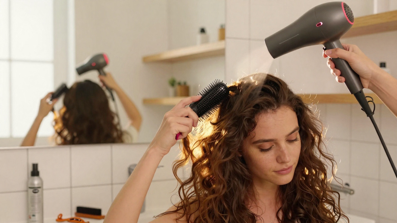 Mulher a secar e pentear o cabelo encaracolado num ambiente de casa de banho iluminada.