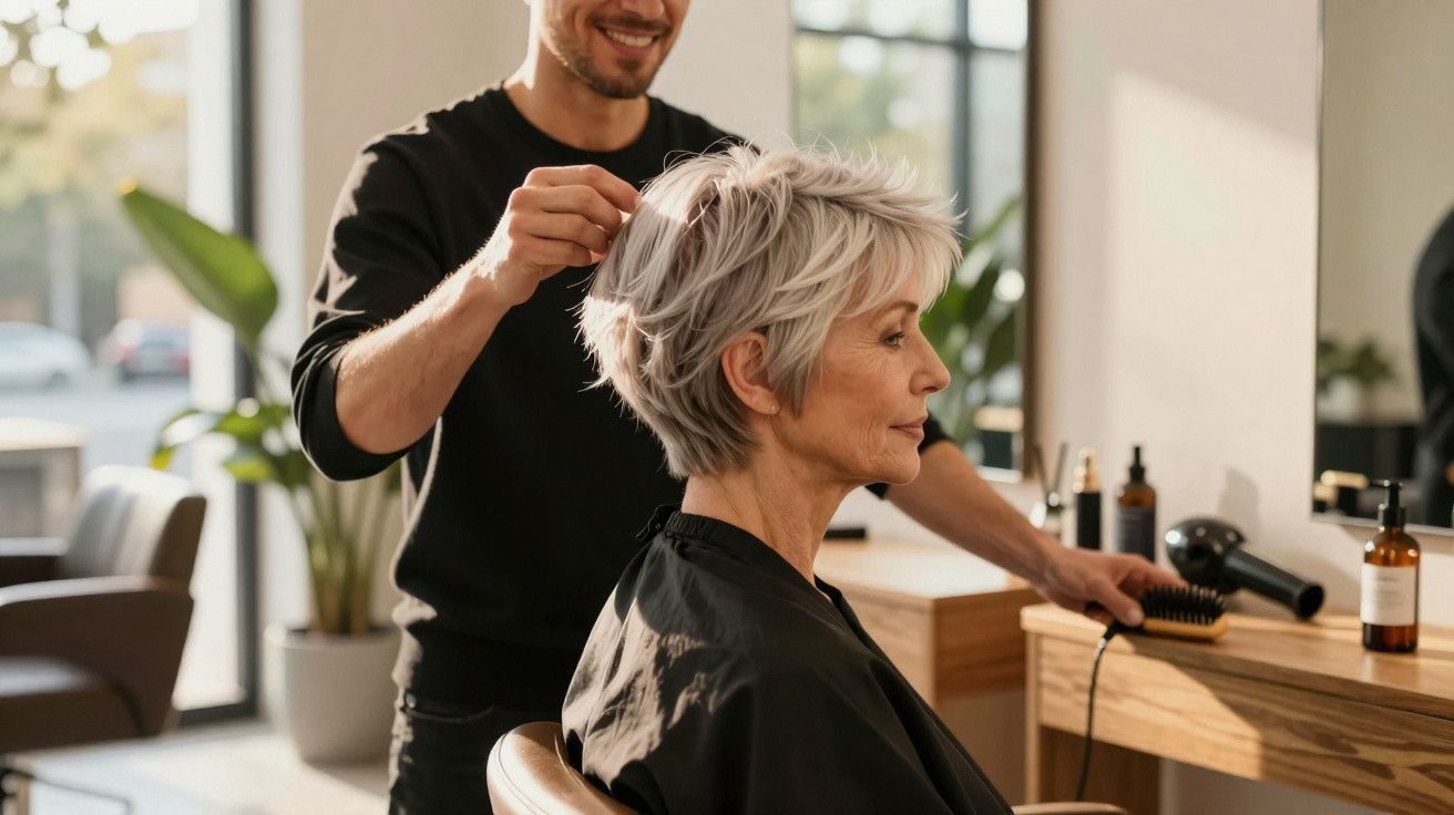 Senhor cabeleireiro penteia cabelo curto cinza de mulher idosa num salão moderno iluminado.