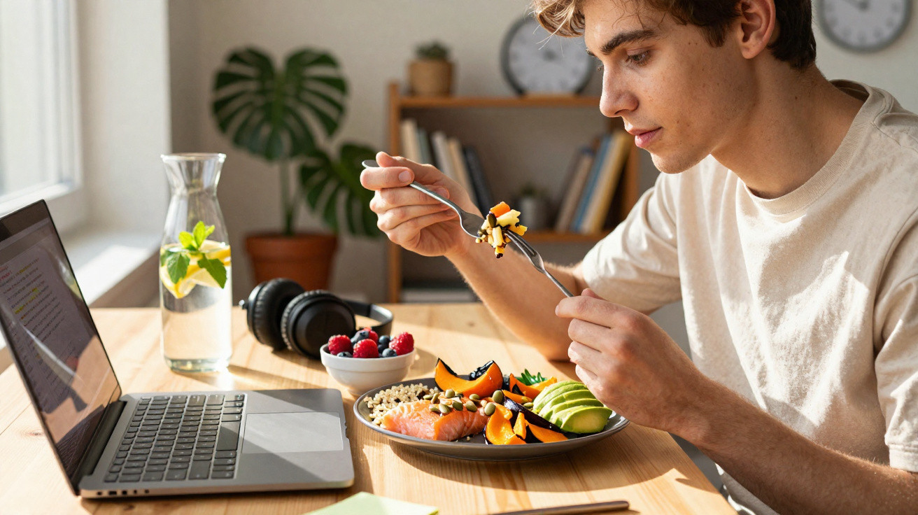 Jovem a comer comida saudável com laptop aberto, garrafa de água e auscultadores numa mesa de madeira.