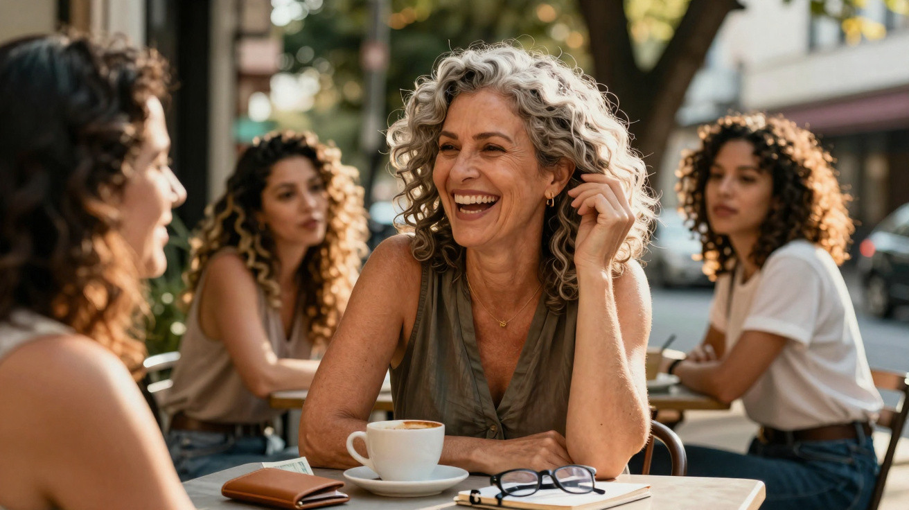 Quatro mulheres com cabelo encaracolado sentadas e a conversar numa esplanada ao ar livre num dia soalheiro.