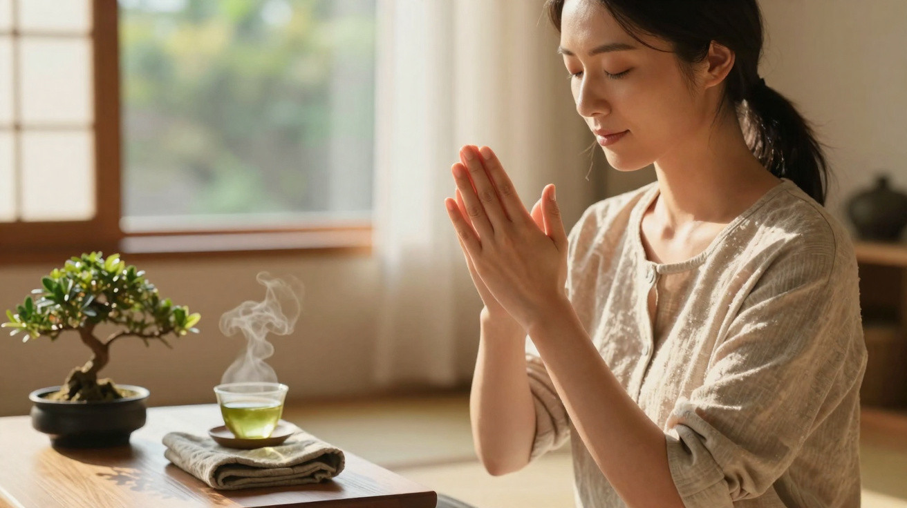 Mulher sentada em meditação com as mãos juntas junto a uma chávena fumegante numa mesa de madeira.