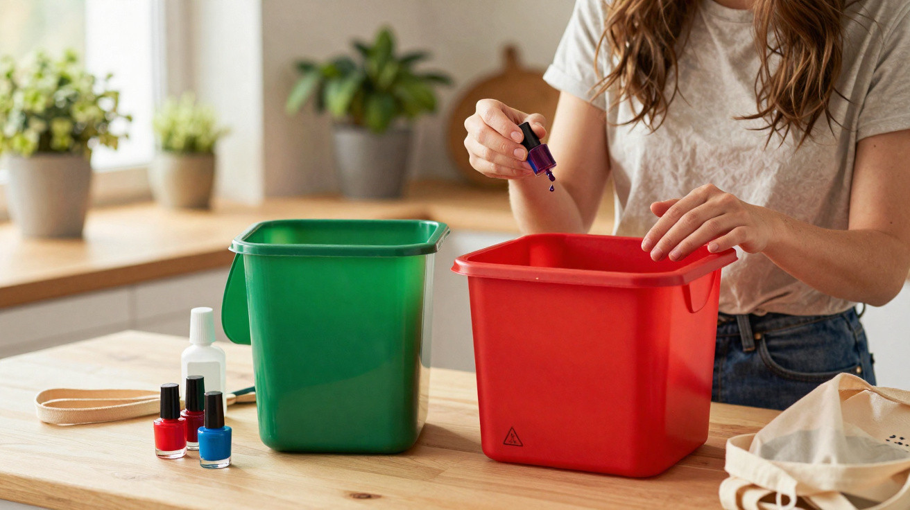 Pessoa a deitar líquido num contentor vermelho ao lado de um contentor verde numa cozinha com vernizes.