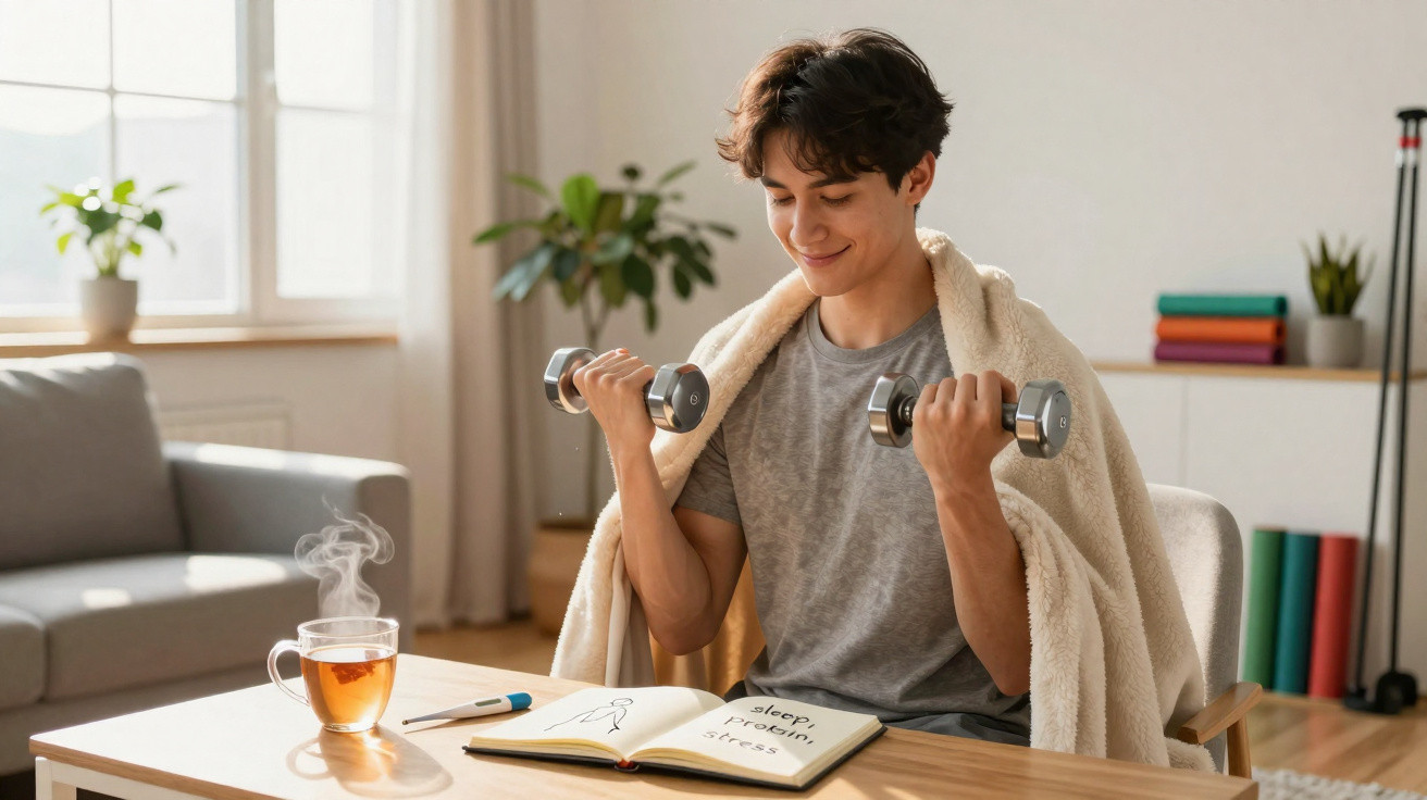 Jovem sentado a fazer exercícios com halteres, coberto com manta, ao lado de chá quente e caderno aberto.