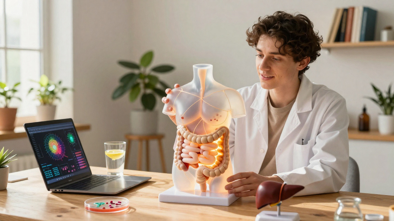 Jovem cientista a analisar modelo iluminado do sistema digestivo numa mesa com computador e fígado em plástico.