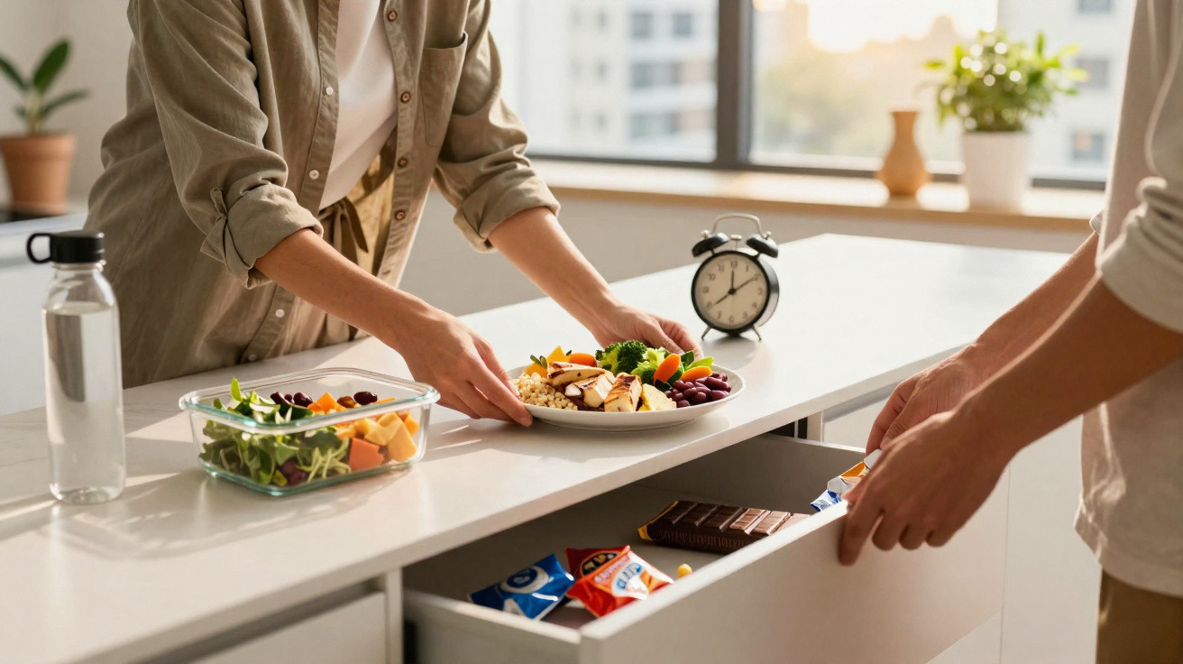 Duas pessoas a escolher alimentos saudáveis numa cozinha luminosa, com pratos e snacks à vista.