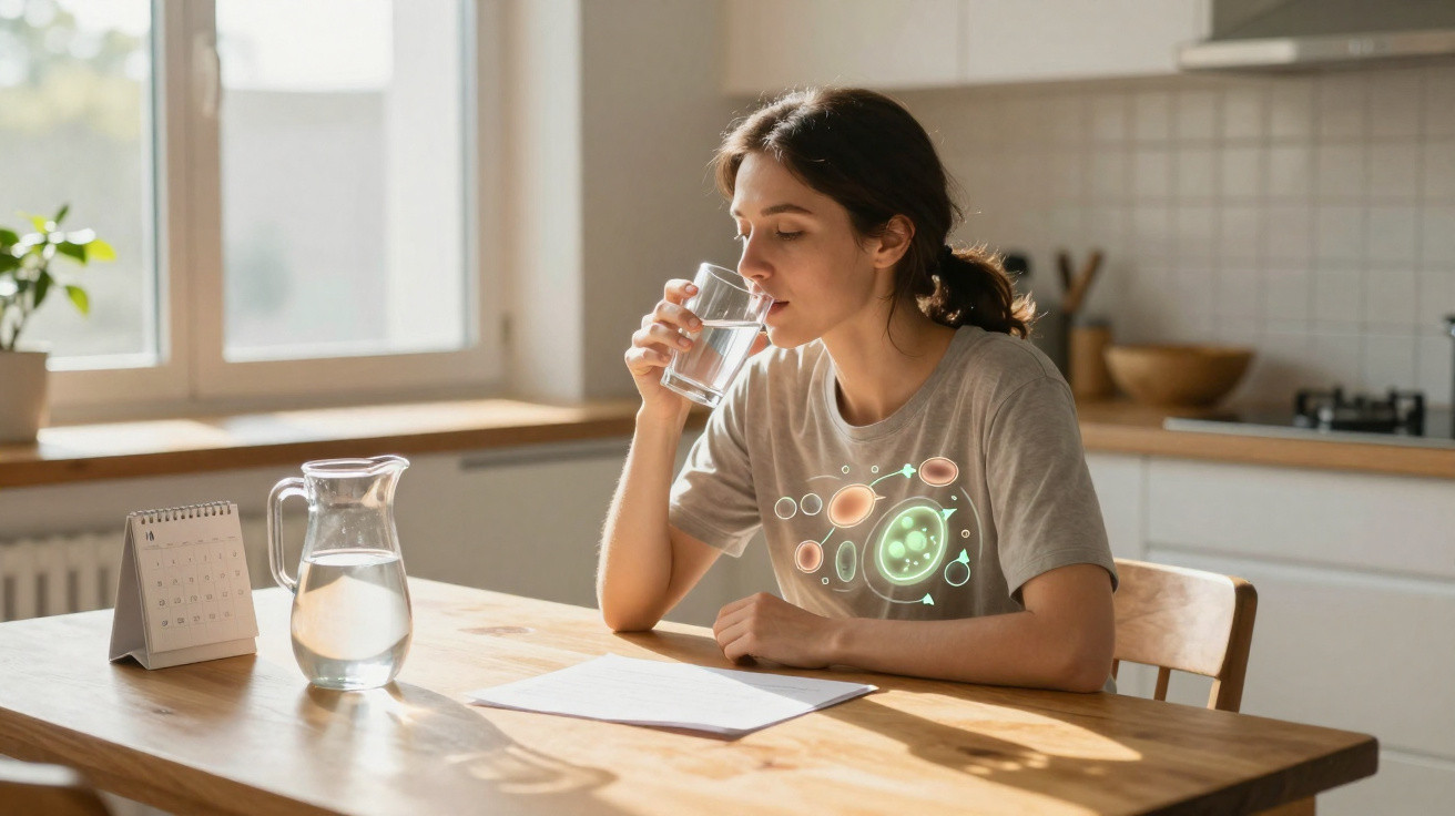 Mulher sentada a beber água numa cozinha iluminada, com ilustração digital do sistema digestivo.
