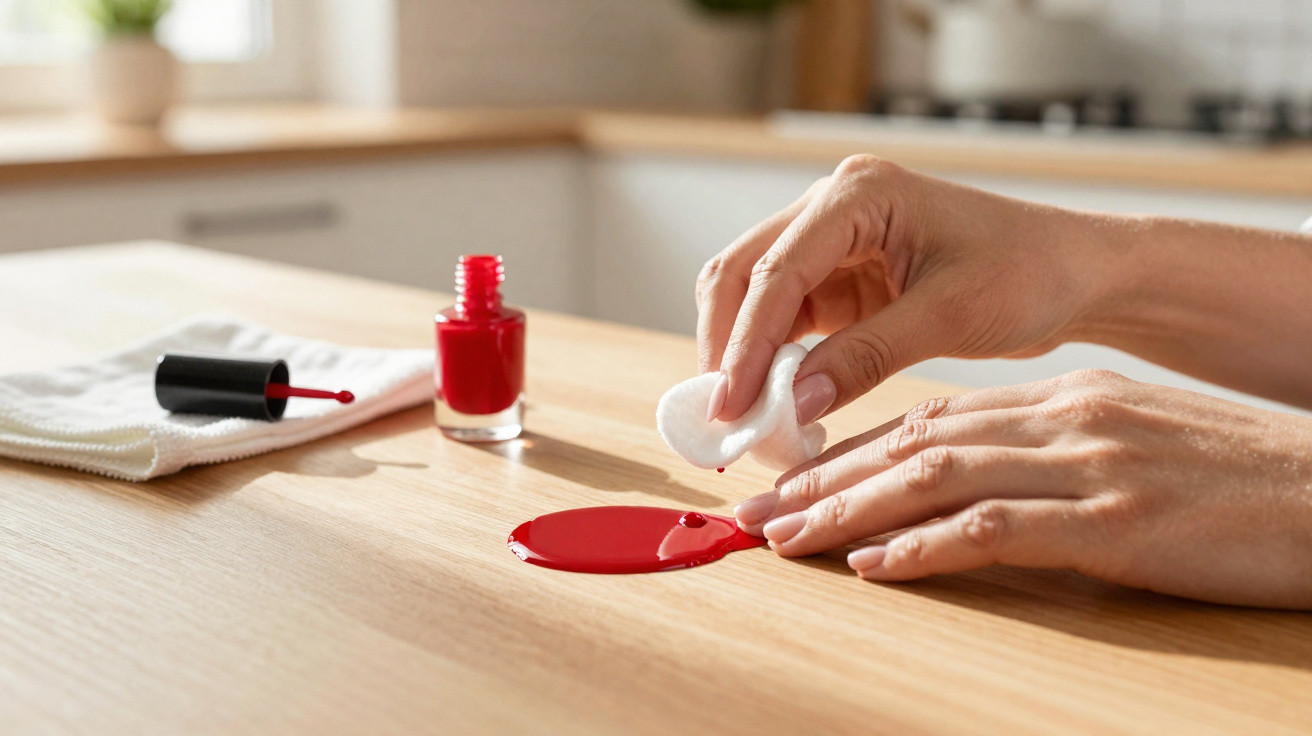 Mãos a limpar verniz de unhas vermelho derramado numa superfície de madeira com uma almofada de algodão.