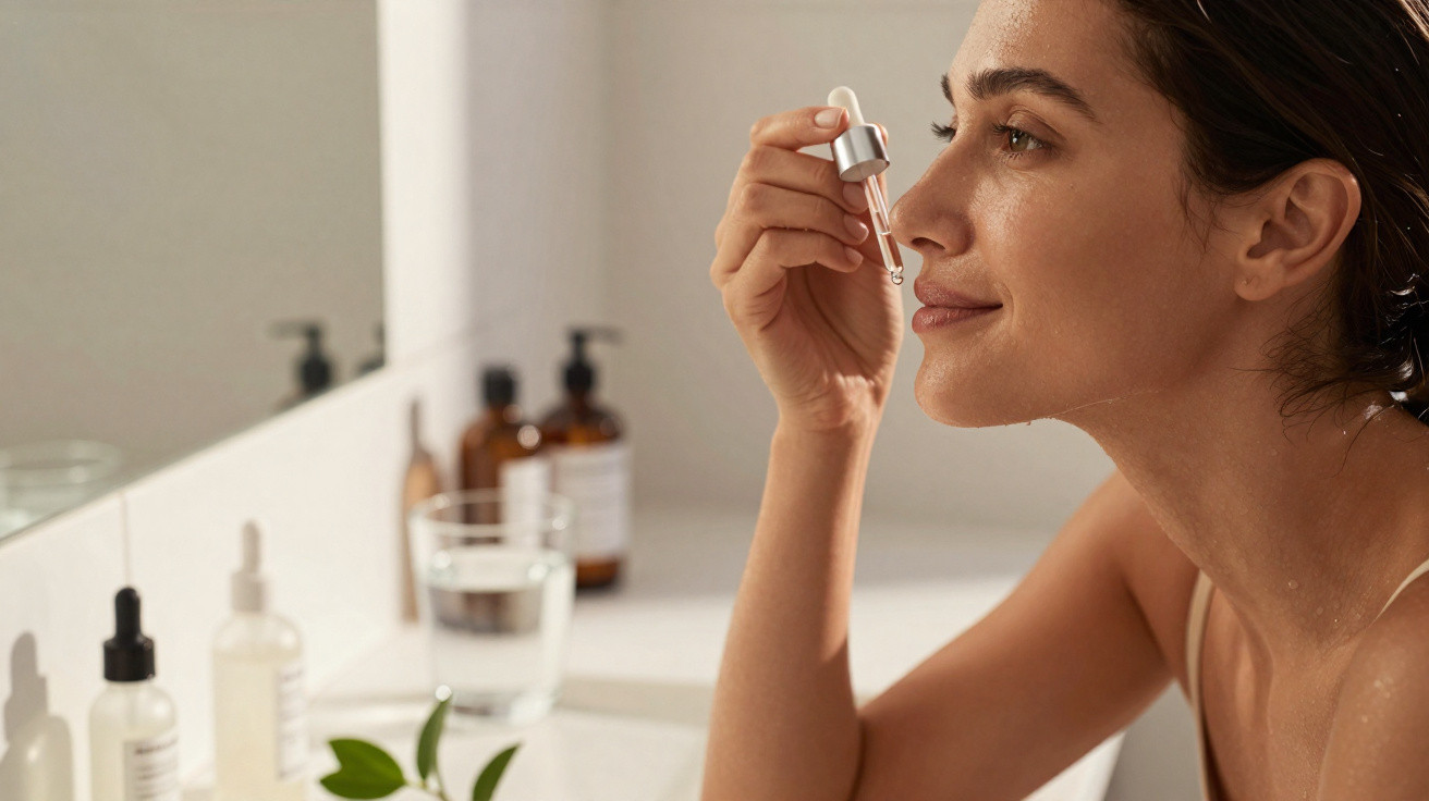 Mulher aplica sérum facial com conta-gotas junto a espelho numa casa de banho iluminada.