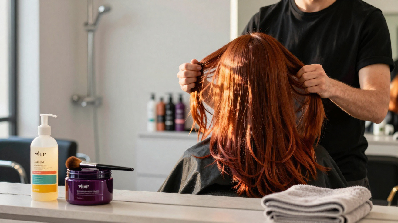 Cabeleireiro estiliza cabelo ruivo longo de cliente sentado numa cadeira de salão com produtos e toalha à frente.