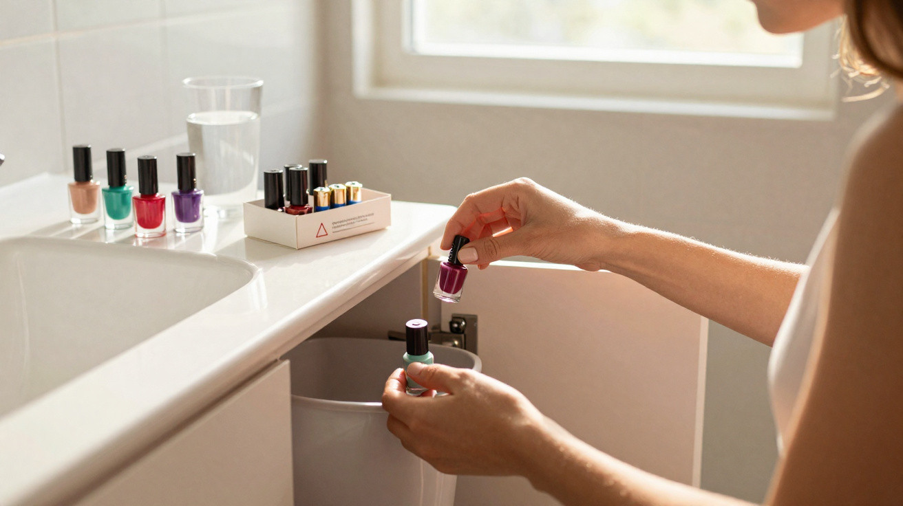 Pessoa debruçada a deitar verniz de unhas roxo no lixo, com outros vernizes em cima de bancada de casa de banho.