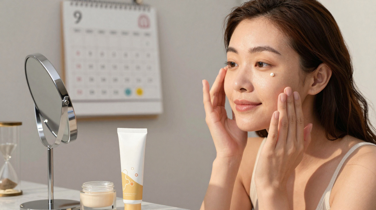 Mulher a aplicar creme hidratante no rosto, sentada à mesa com espelho e produtos de cuidados de pele.