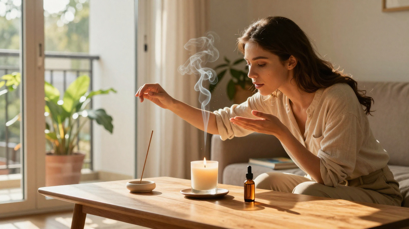 Mulher acende incenso num ambiente tranquilo, com vela e óleo essencial numa mesa de madeira.