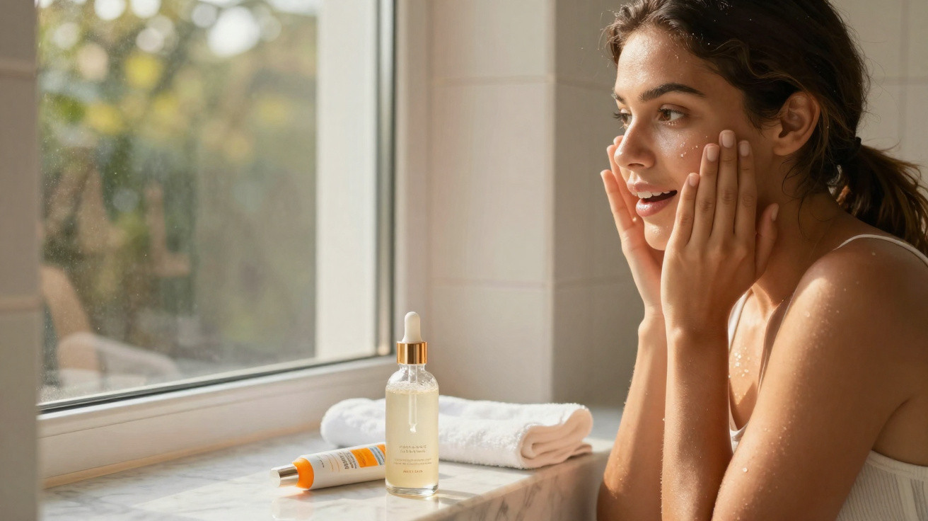 Mulher aplica creme facial junto à janela com frasco de sérum e toalha branca sobre a mesa.